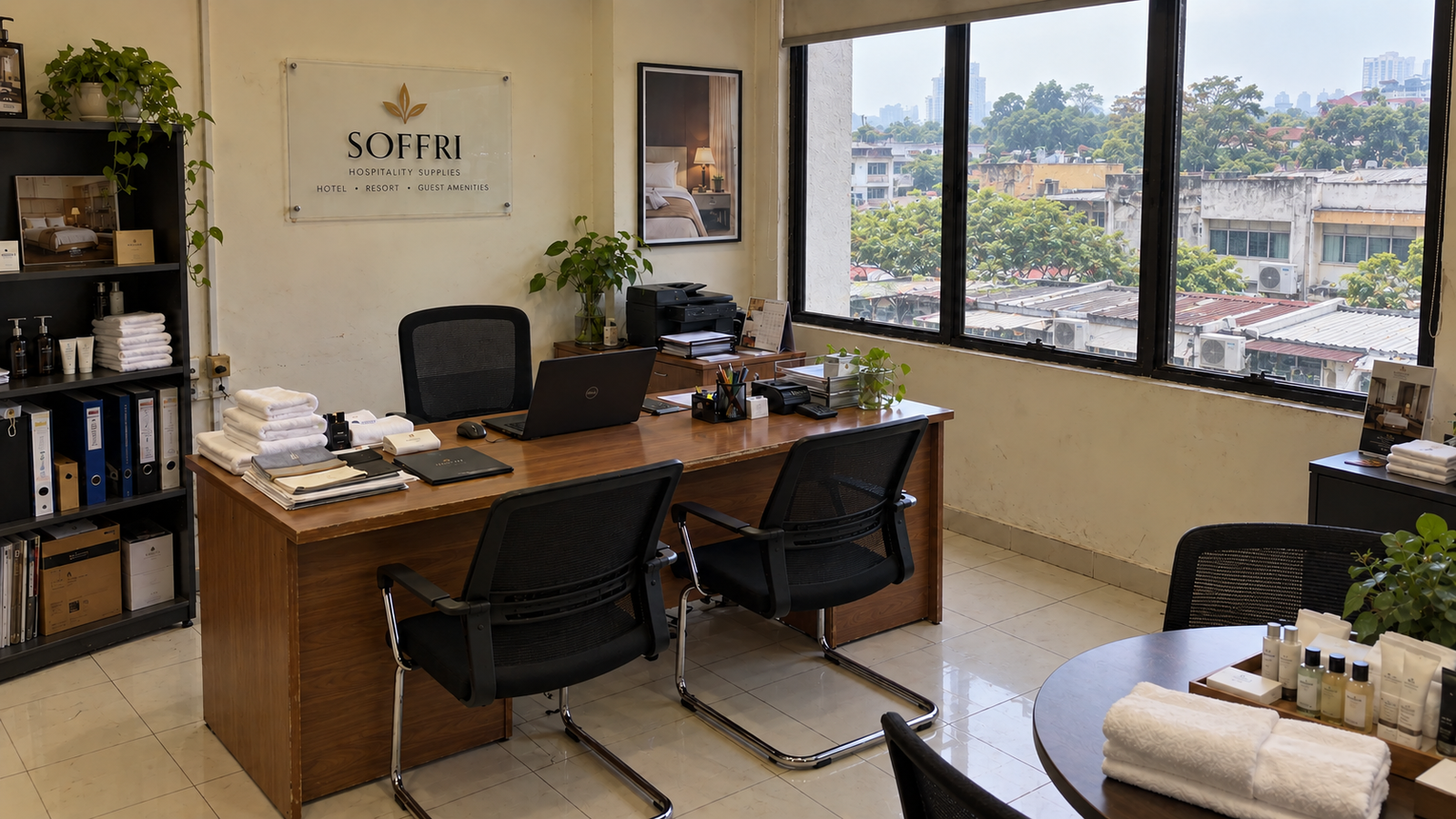 Customer meeting space with hospitality product samples