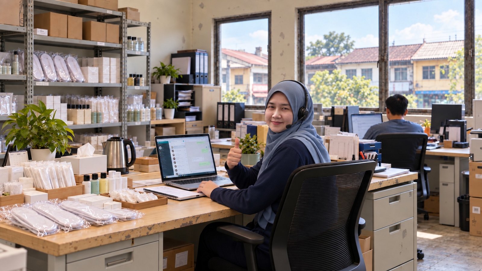Smiling customer service team member wearing a headset and giving a thumbs-up in our hotel amenities office