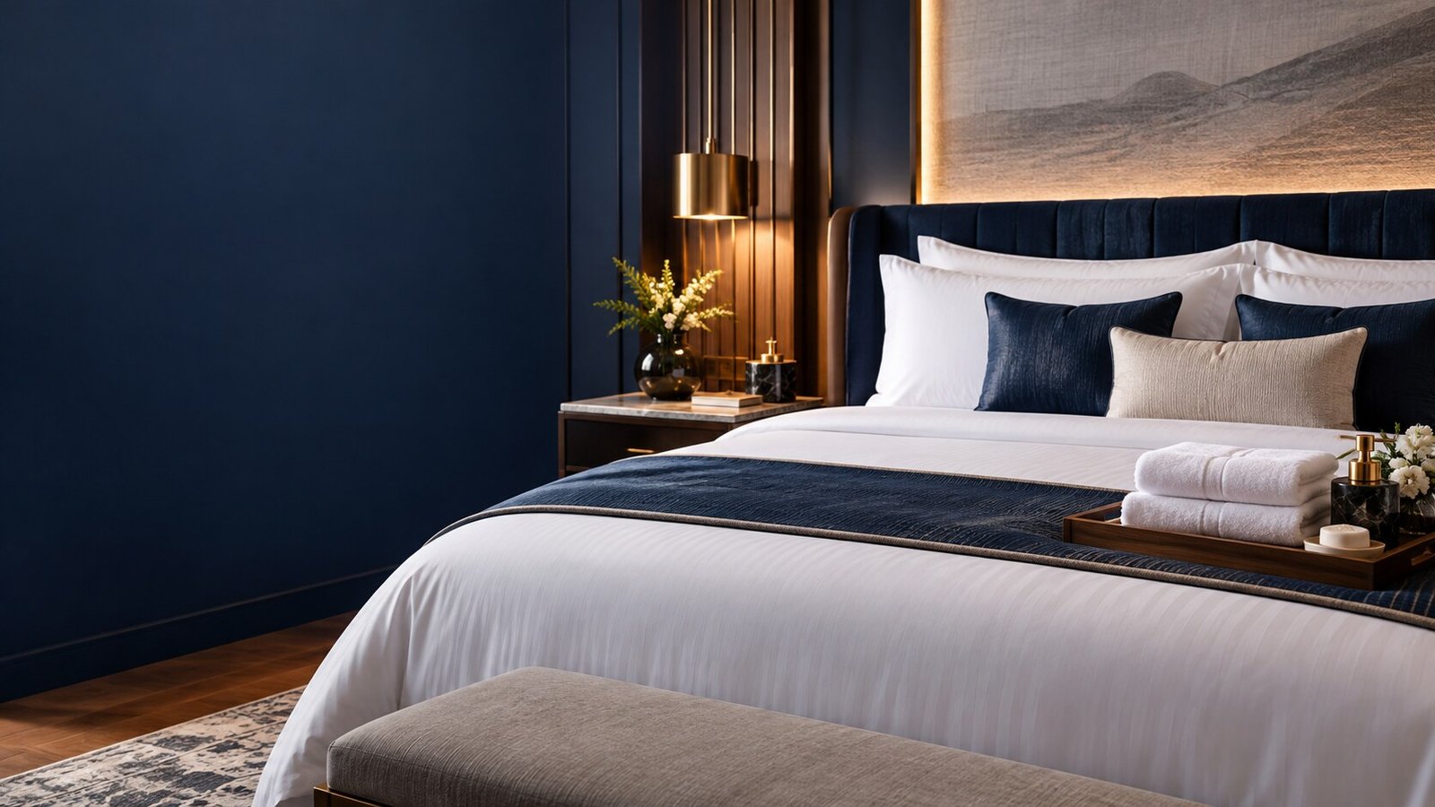 Quiet, carefully prepared hotel room with crisp white bedding