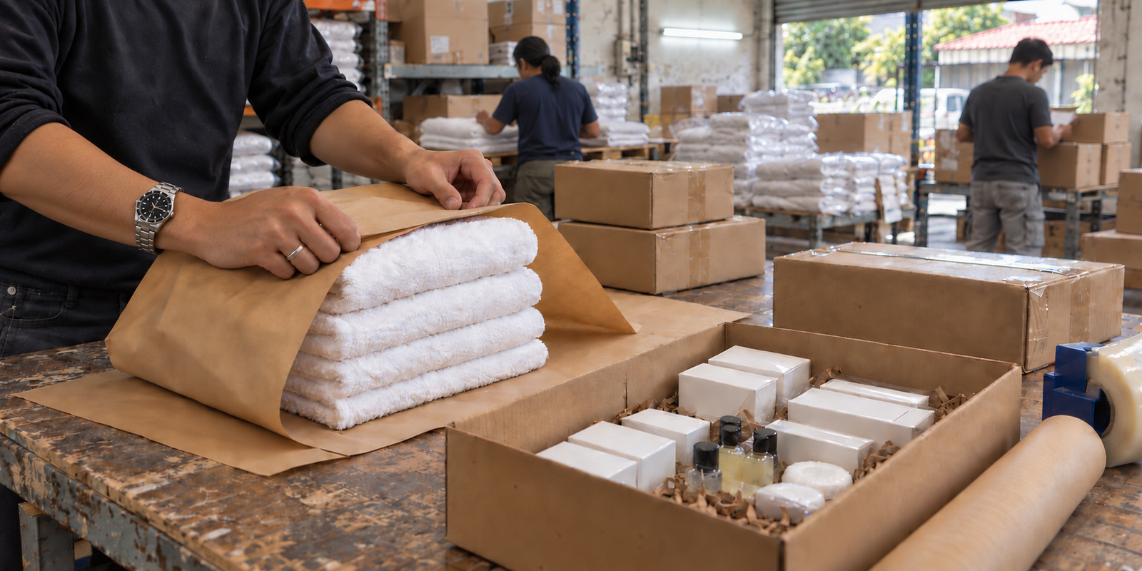 Hotel towels and guest amenities being wrapped with staff working in the background