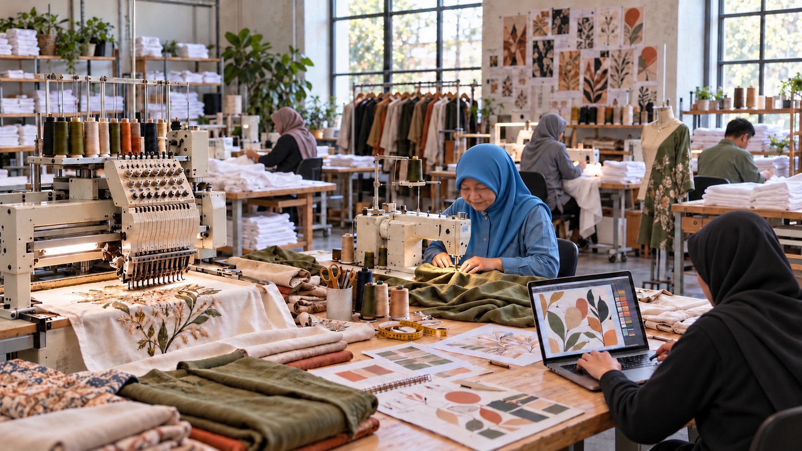 Embroidery and sewing workshop with staff preparing hotel bedsheets and linens