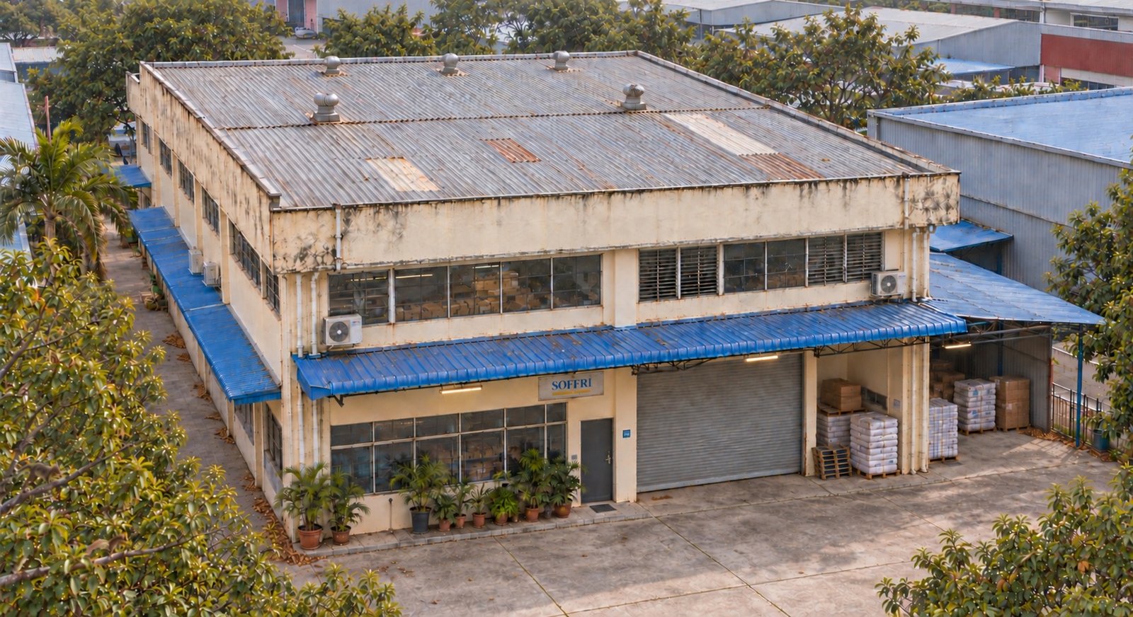 Elevated view of the SOFFRI supply building and rooftop